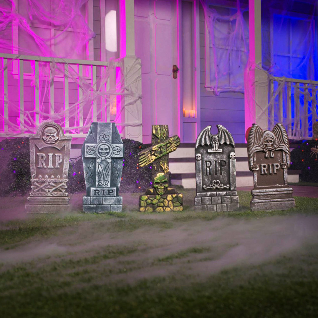 17” Halloween Foam Graveyard Tombstones (5 Pack), Yard Sign Headstone Decorations And 10 Bonus Metal Stakes For Halloween Yard Decorations RIP Tombsto