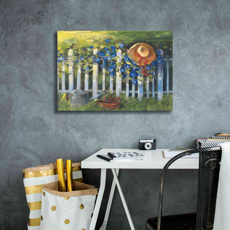 Aaraya Morning Glories On The Fence On Canvas par Carol Rowan, reproduction, H 18 po x l 26 po x P 0,75 po