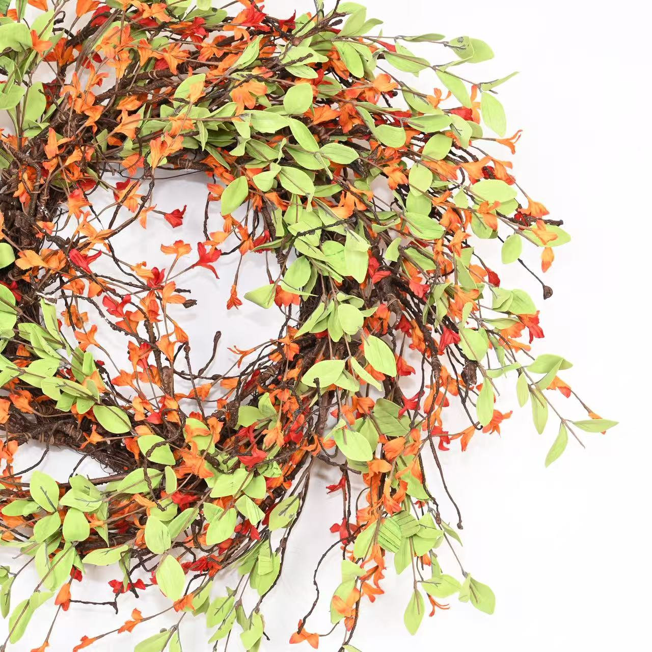 26" Handcrafted Foliage, Twig Thanksgiving Wreath, Green/Orange