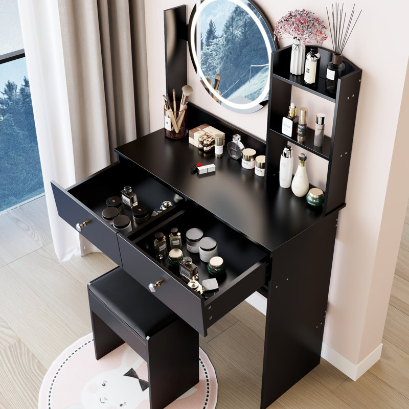 17" Round Led Vanity Table And Cushioned Stool , Touch - Operated 3 Color Lighting With Adjustable Brightness, Large Mirror Multi Layer Storage, Ideal For Small Home Spaces, American Inspired Look,