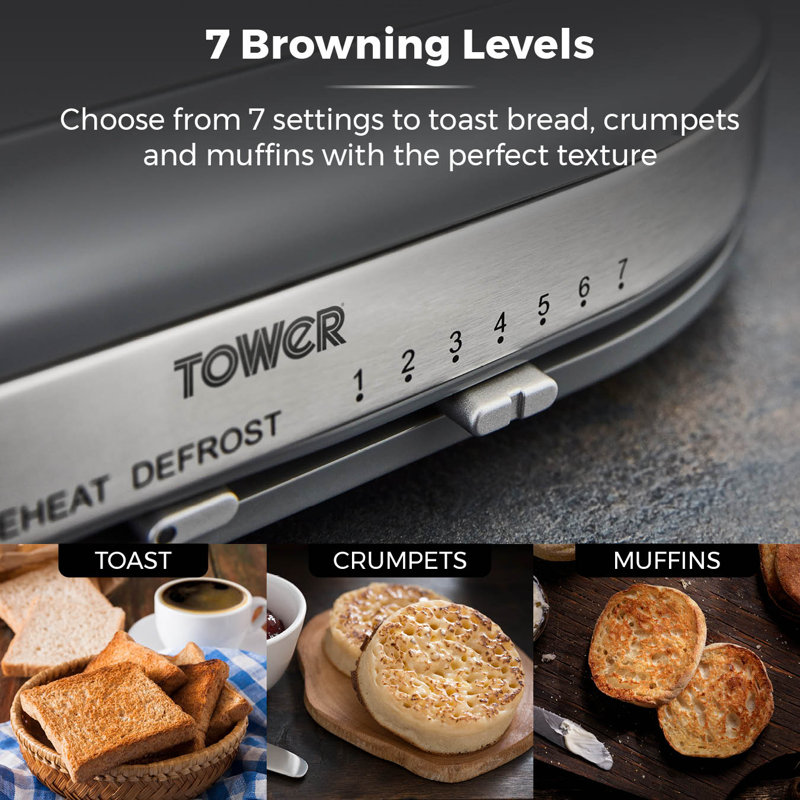 Tower Belle 2-Slice Toaster with 7 Browning Settings, Defrost/Reheat/Cancel, 800 W, Graphite