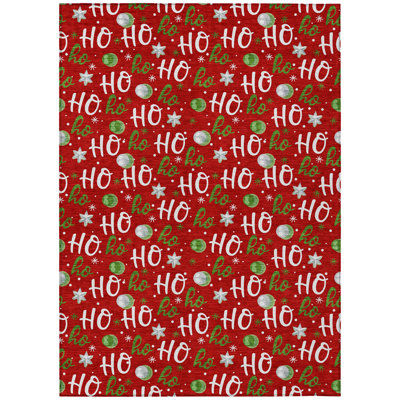 Machine Washable Indoor/Outdoor Snowflake Ho Ho Ho Xhevrie Red Rug