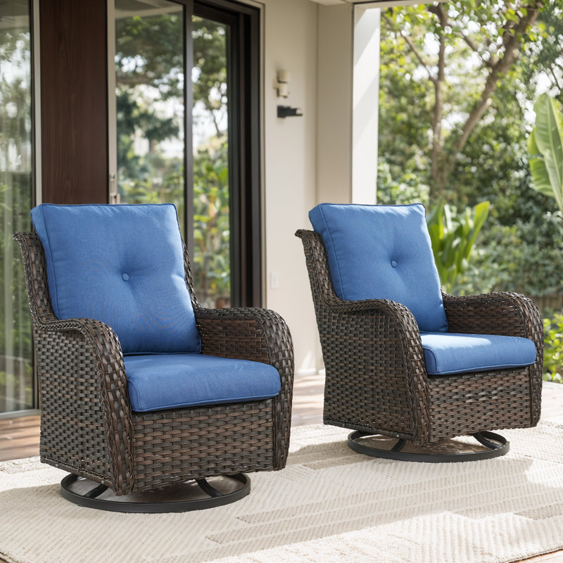 Ensemble de fauteuil oscillant pivotant en osier Wendye avec coussins en oléfine résistants à l'eau, Bleu, Brun