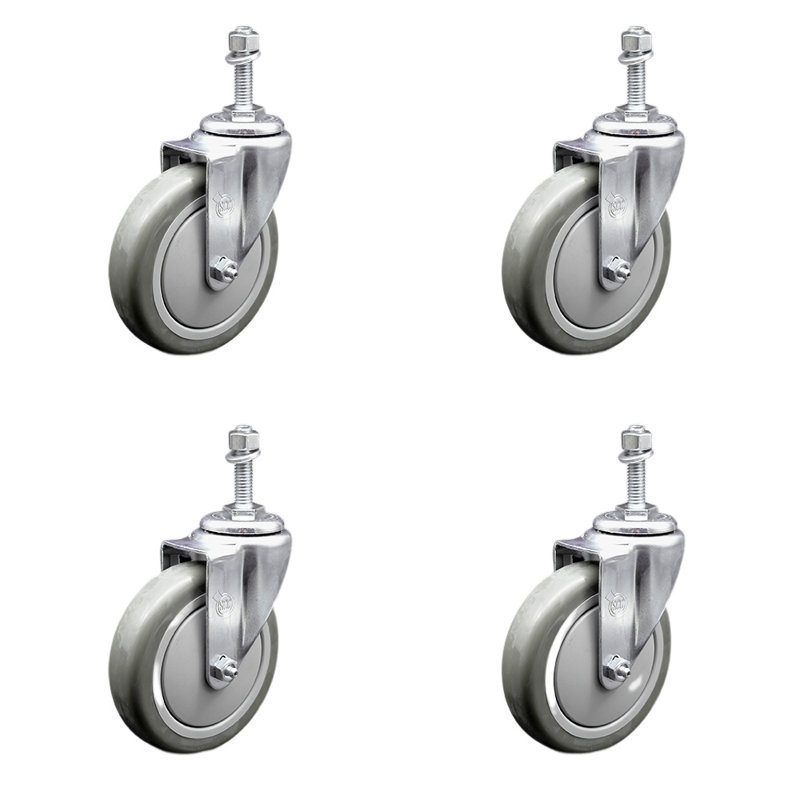 5 Inch SS Polyurethane Wheel Swivel 10mm Threaded Stem Caster Set SCC, Gray