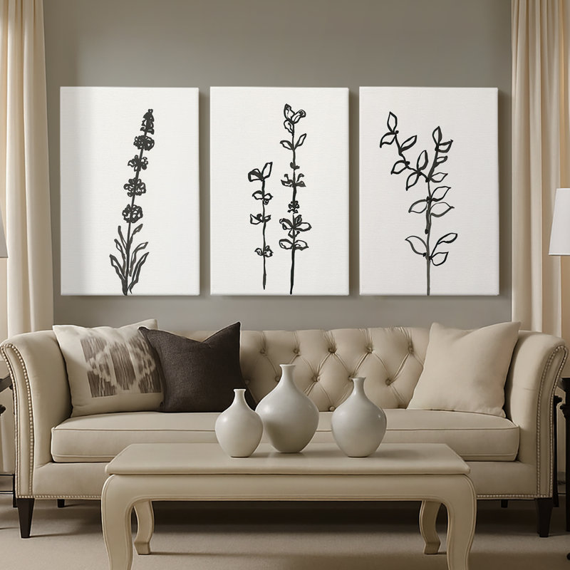Encre botanique croquis VII - toile tendue sur mesure - 3 pièces, H 12 po x l 24 po