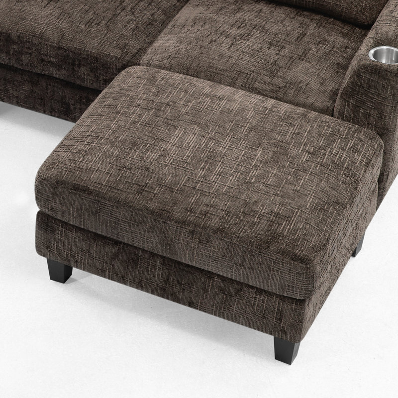 Canapé modulaire en chenille de 110 po avec porte-gobelets robustes, canapé modulaire en forme de U avec repose-pieds flexible pour le salon, un appartement