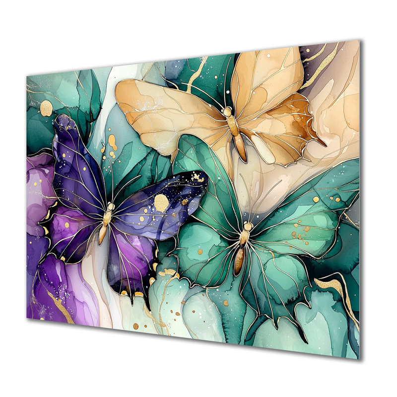 Papillon émeraude et mauve Composition II - animaux, décoration murale en métal, H 12 po x l 20 po x P 0,84 po