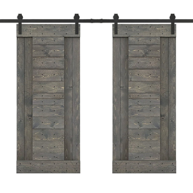 Porte de grange à panneaux et en bois avec quincaillerie d'installation, 72 po x 84 po, Gris patiné