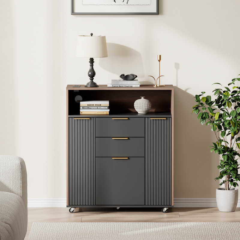 Adonia 31.5"W Modern Storage Cabinet With Adjustable Shelves & Built-In Outlet – Featuring 3 Drawers, 2 Doors & 5 Wheels For Home Office Storage