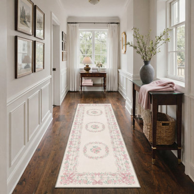 Atascadero Romantic Vintage Floral & Bow Border Area Rug, Machine Washable, Inspired Faux Wool - High-Rebound Foam & Non-Slip Backing
