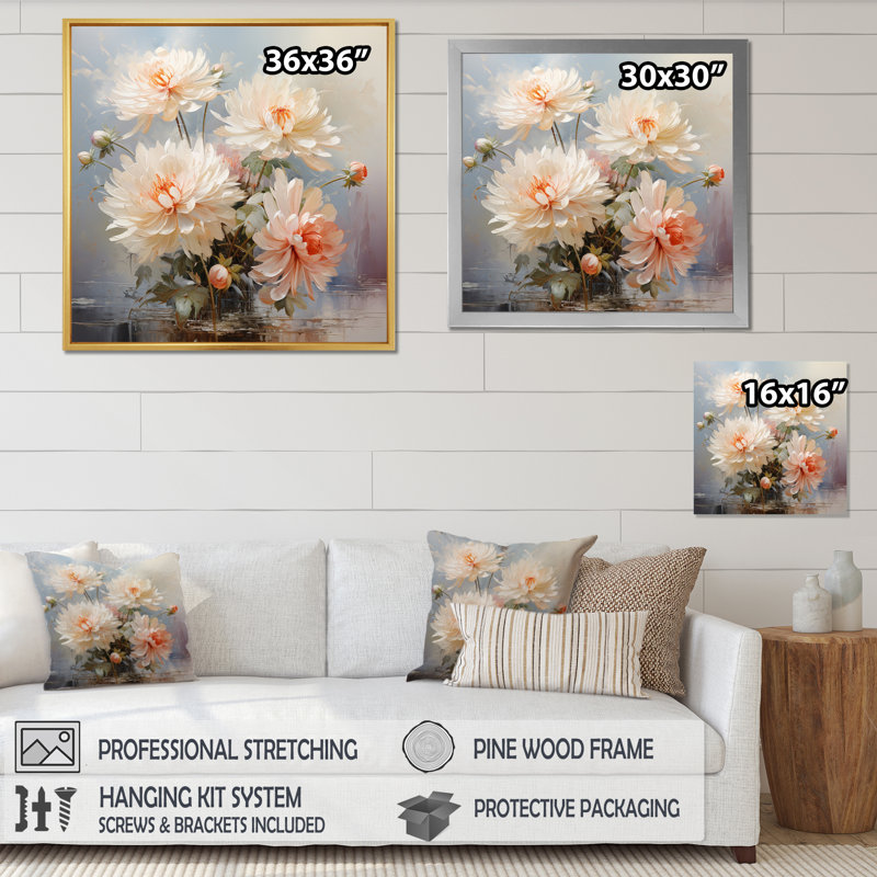 " Peach Chrysanthemums Romantic Impression II ", 24" H x 24" W x 1" D, Wrapped Canvas