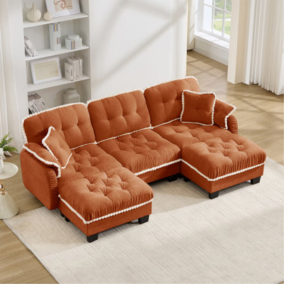 Chenille Cloud U-Shaped Sofa with 4 Pillows, Movable Ottoman Pom-Pom Trim Quilted Tufted Cushion Ergonomic Design, Easy Assembly Deep Seat Couch for Living Room Office, Apartment, Orange