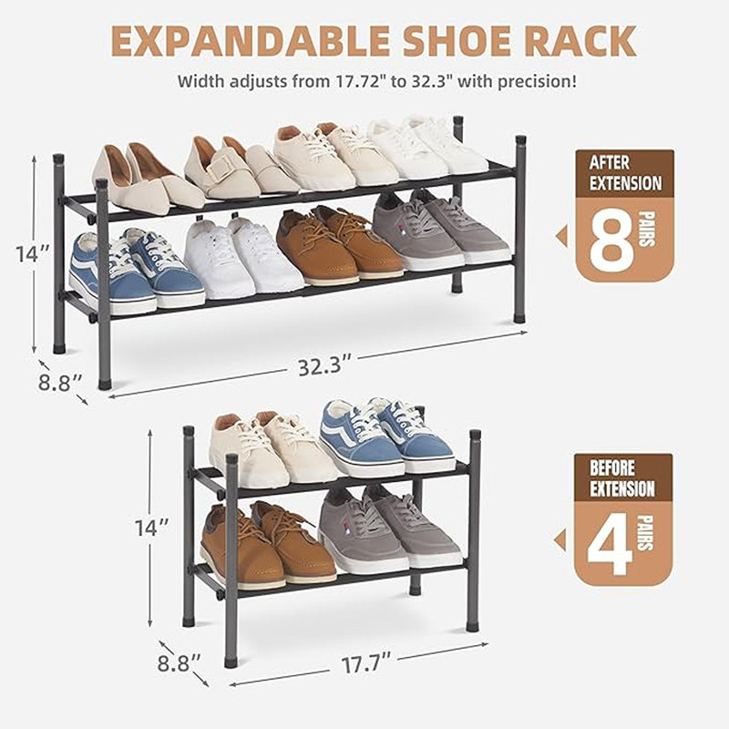 Storage Maniac Expandable Shoe Rack, Stackable Shoe Rack For Closet, Small Shoe Rack Organizer For Entryway, Adjustable Shoe Rack For Garage, Shoe Rack For Front Door, Metal Shoe Rack, Black 2 Tier