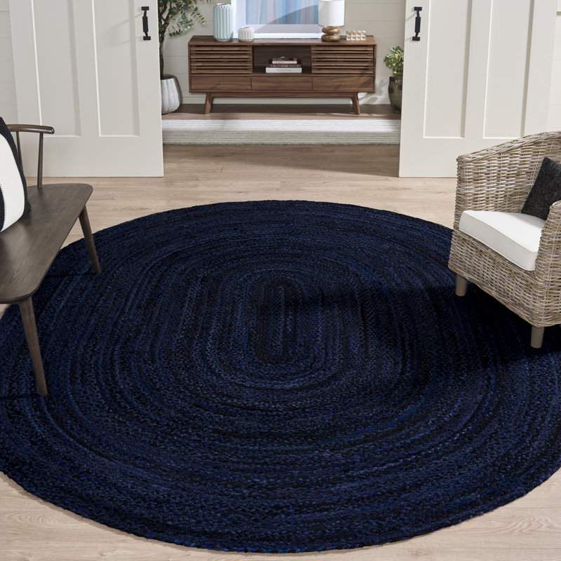 Tapis bleu marine / noir en coton tissé à plat à la main Proffitt, Ovale 8 pi x 10 pi