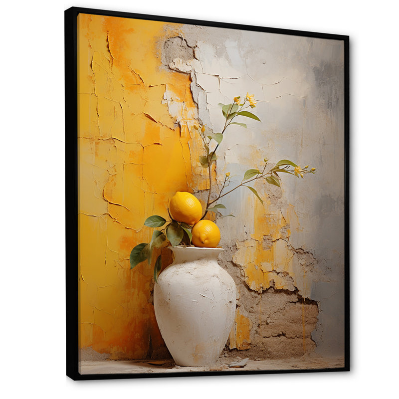 Minimalisme, poteries jaunes II sur toile, H 44 po x l 34 po x P 1,5 po, Cadre flottant noir