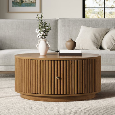 Round Fluted Drum Coffee Table with Dual Hidden Curved Storage Drawers, Solid Wood Center Table, Mid Century Modern Circular Cocktail Table for Living Room & Apartment