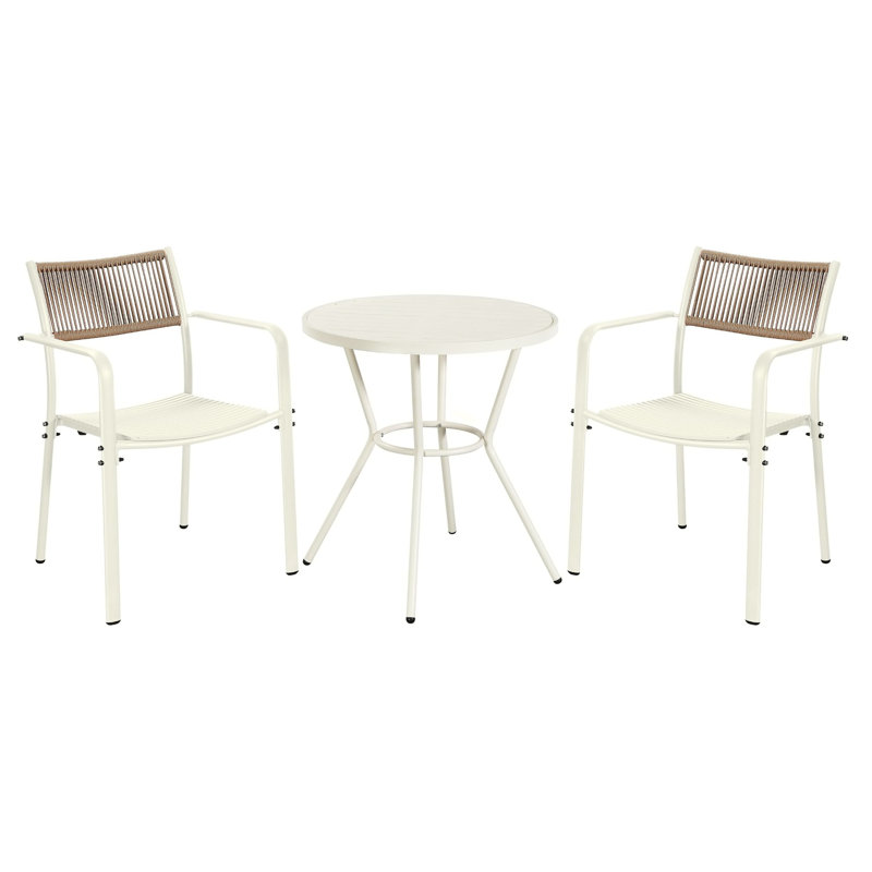 Rimini Patio Dining Set with Round Metal Table & Two Chairs, Off-White