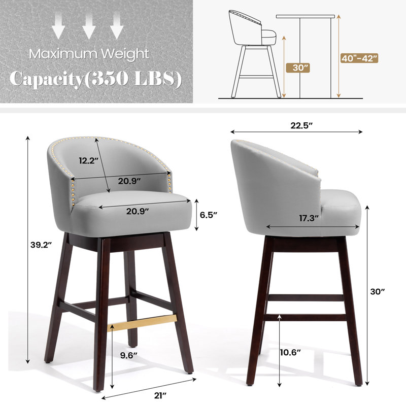 Tabouret de bar pivotant en similicuir de 30 po avec pieds en bois massif, gris, Gris