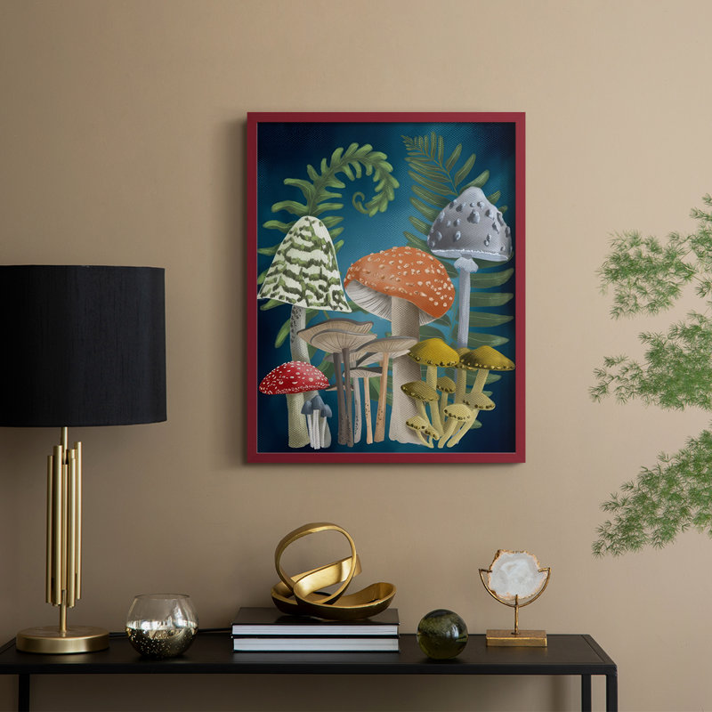 Récolte de champignons I, reproduction encadrée - bois massif, H 30 po x l 24 po, Rouge