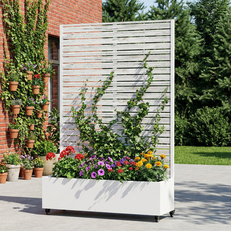 Outdoor Metal Planter Box Raised Garden Beds with Trellis, White, 72" H x 47" W x 16" D