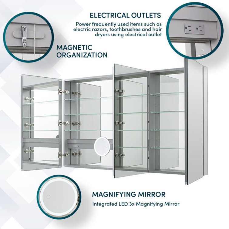 Royale 60"x30" Medicine Cabinet Defogger, 3X Vertically Adjustable Magnifying Mirror, Electrical Outlets.