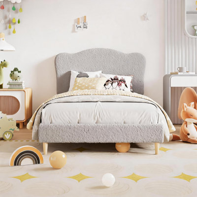 Modern Kids Twin Bed Frame – Upholstered Platform with Adjustable Boucle Headboard, Sturdy Wood Slats, Soft Rounded Corners, No Box Springtime Needed, Easy Assembly – Grey, Twin-XL