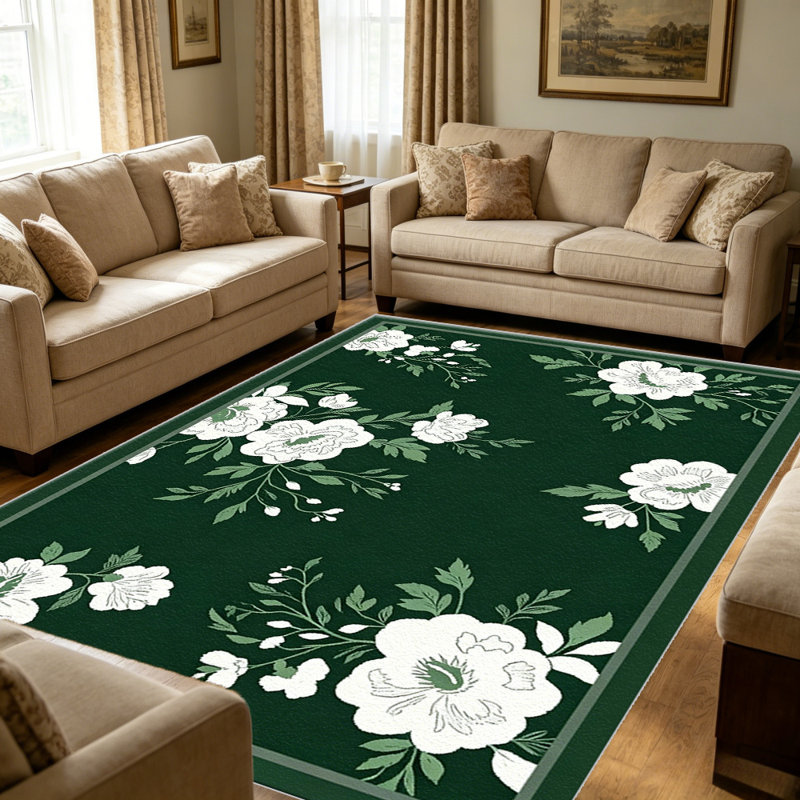 Dark Green White Floral area rugs for Living Room, Soft and Comfortable, Suitable for all seasons, easy to maintain, machine washable Indoor floor mat, Under Table Farmhouse suitable for Bedroom, Dining Room, Study, Patio, Balcony, Home Decor
