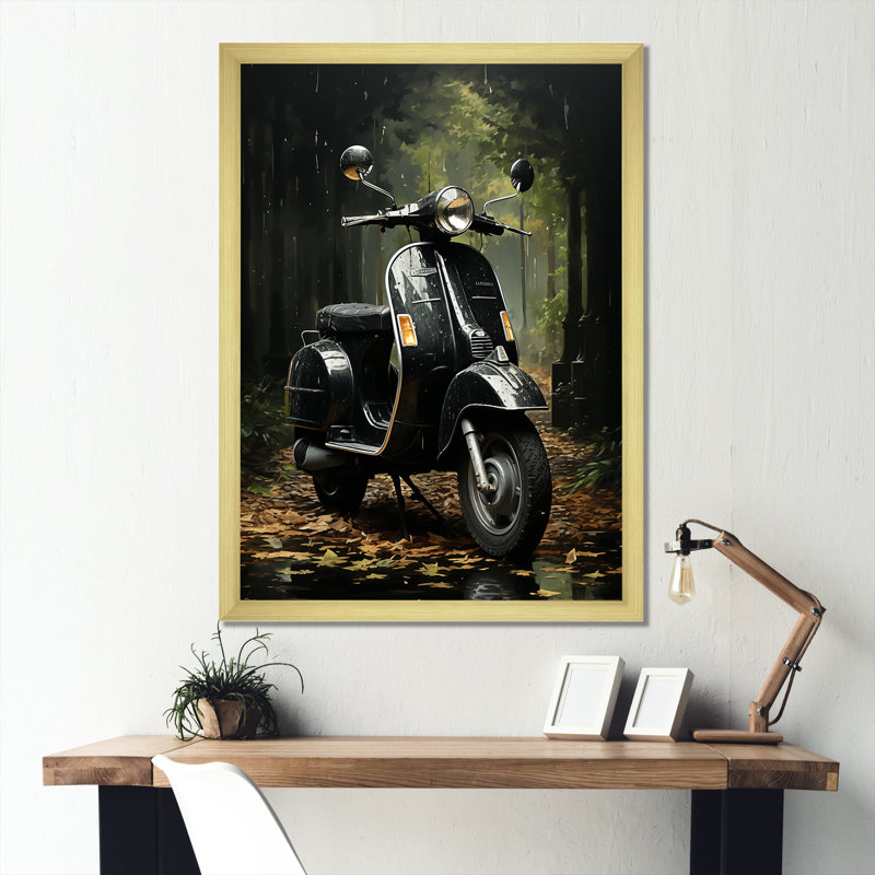 Sentier forestier et scooters sur toile, Cadre doré simple, H 20 po x l 12 po x P 1 po