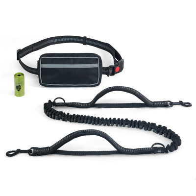 Hands Free Dog Leash with Zipper Pouch, Adjustable Waist Leash with Secure Buckle & Double Padded Handles, Durable Bungee with Reflective Stitches for Dog Walking, Hiking, Training