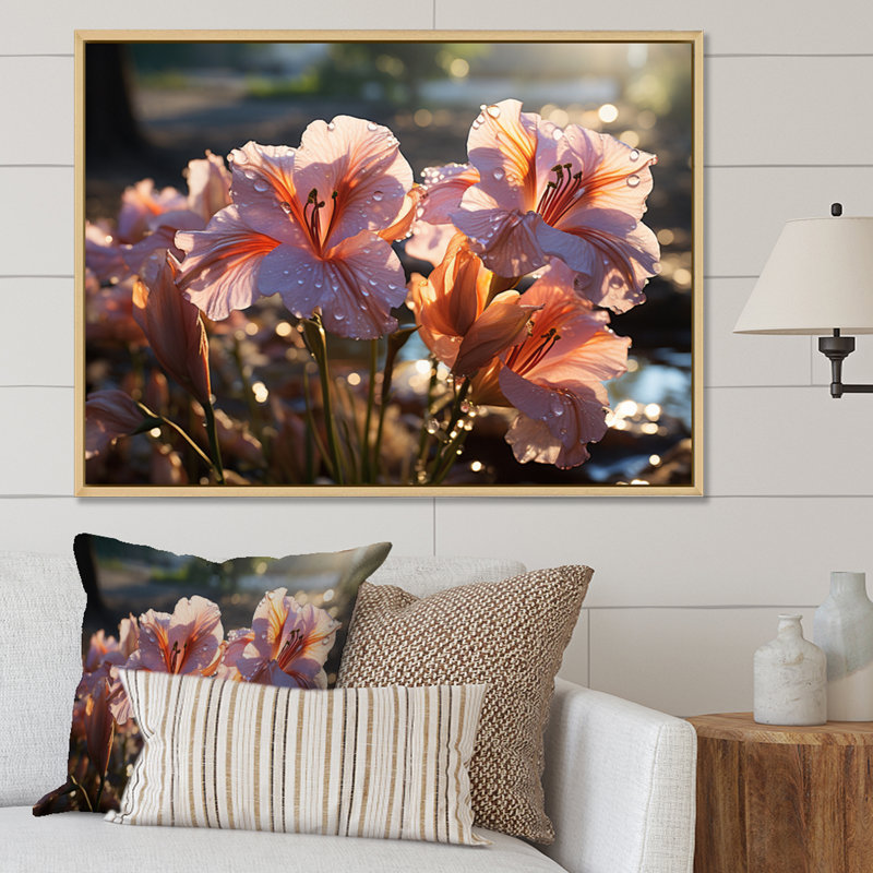 Pink Irises Field III, 16" H x 32" W x 1" D, Natural Floater Framed