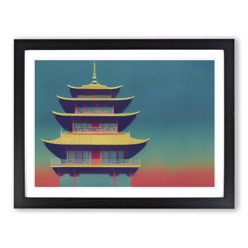 Watercolour Pagoda Vol.2 - Single Picture Frame Painting, 46cm H x 64cm W x 2cm D, Black