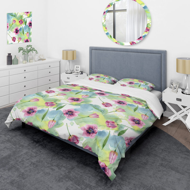 Ensemble de housse de couette en microfibre rose / vert / mauve / jaune, Housse de couette pour très grand lit et 2 très