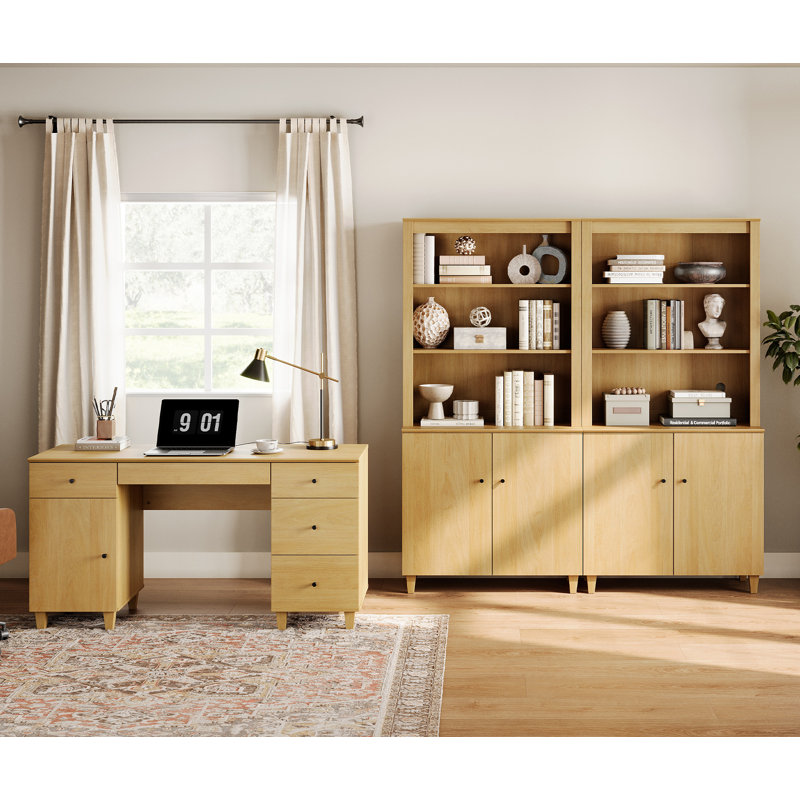 Lysiane Executive Desk Office Set with Bookcase, Oak