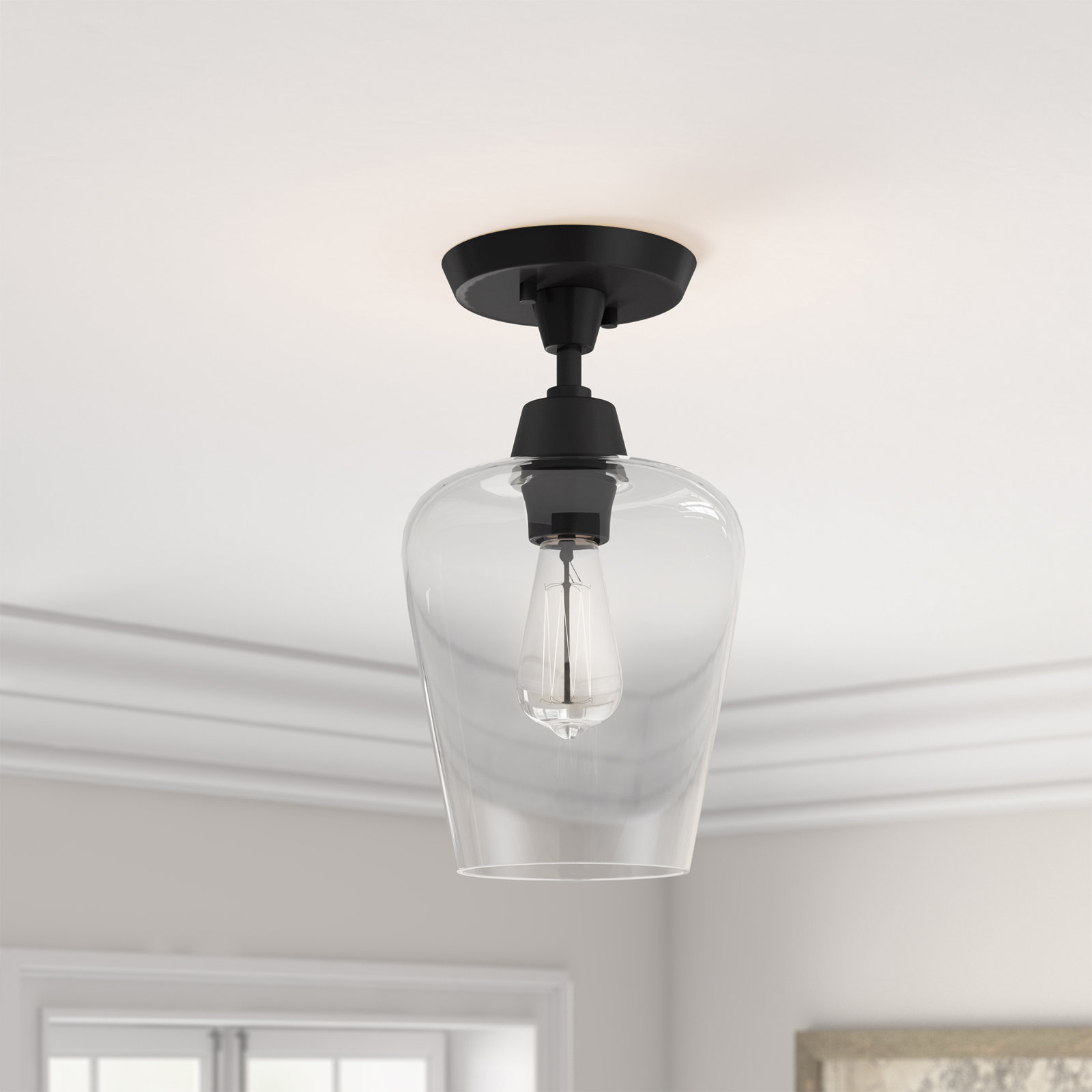 Maebel Single Light Glass Semi Flush Mount, Black