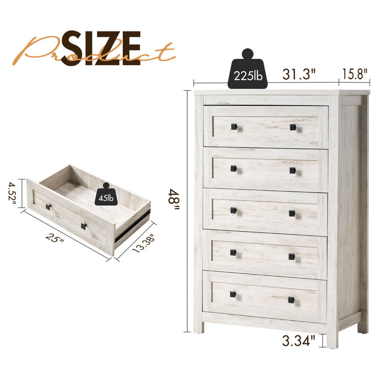 Arlina Farmhouse 5 - Drawer Chest,White, White