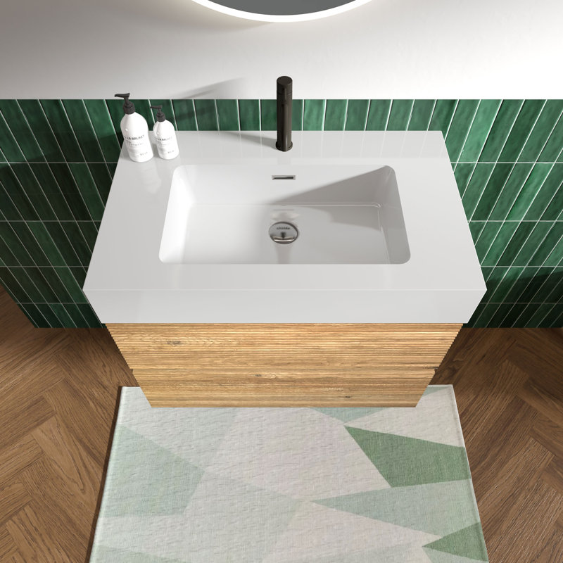 Meuble-lavabo mural avec surface solide et 2 tiroirs à fermeture en douceur, 30", Chêne brut, Blanc