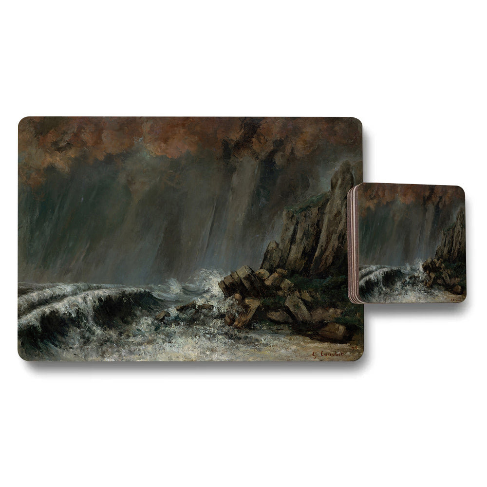 Stormy Seascape Placemat And Coaster Set With Rocky Coast Artwork
