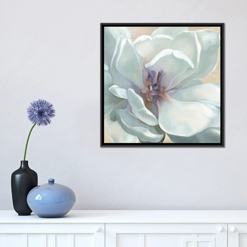 « irisé fleuri », impression sur toile tendue, H 18 po x l 18 po x P 1,5 po, Toile avec cadre noir, Blanc