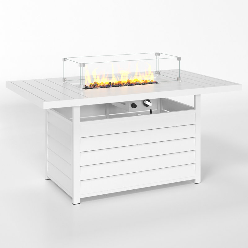 Brandtley 26.4" H x 54.3" W Aluminum Propane Outdoor Fire Pit Table with Cover, White