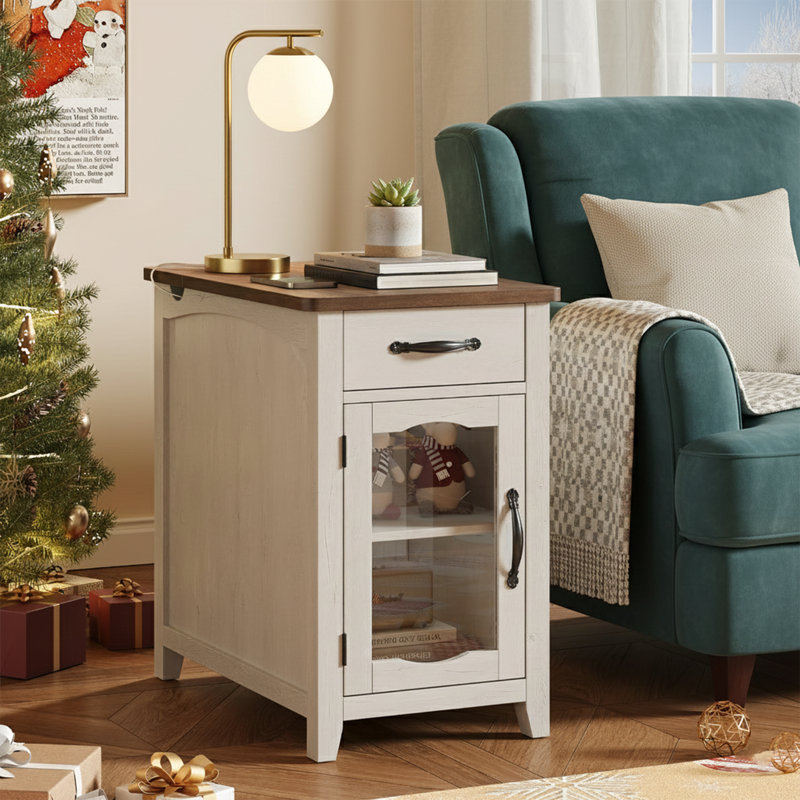 Table de chevet étroite de 13 po de largeur avec station de charge et USB-C - Table de bout de ferme avec porte de grange en verre et tiroir - Table d'appoint rustique moderne pour petits espaces