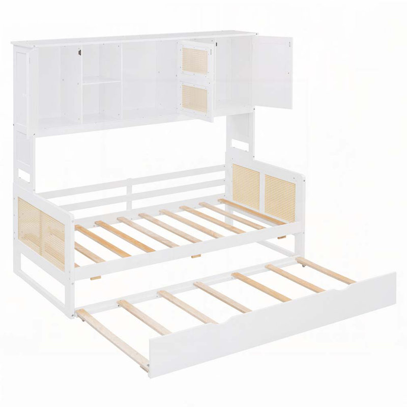 Lit de jour en bois avec lit gigogne, armoire et tablette en rotin, Simple, gris