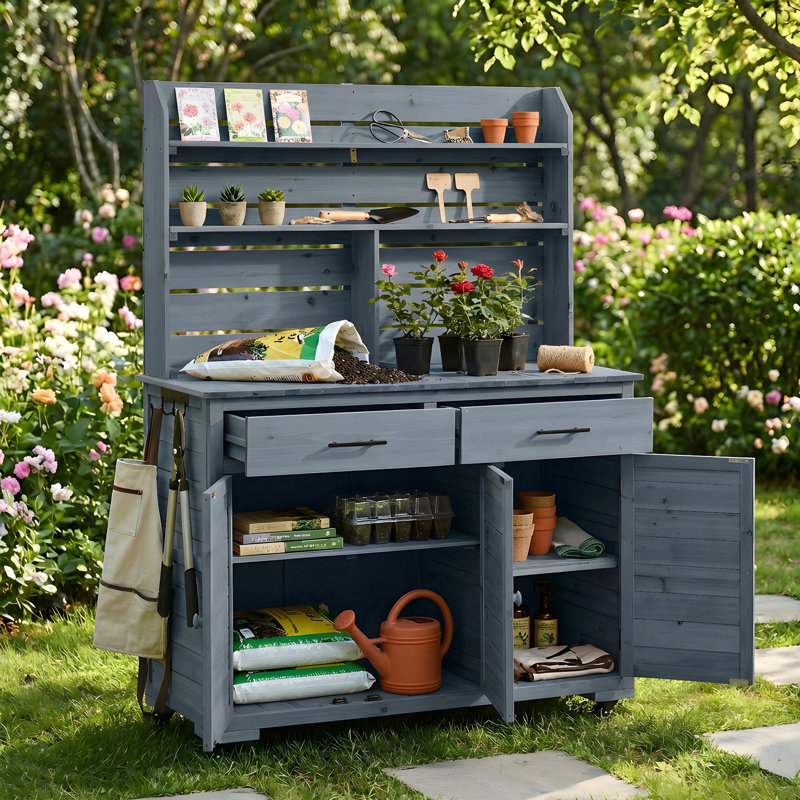 65''H Large Garden Potting Bench With Lockable Wheel And Storage Cabinet, Wood Outdoor Kitchen Island Prep Cart With Hutch Top, Drawers And Removal Shelves For Grilling