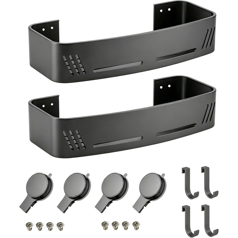 Lot de 2 paniers de douche à ventouses avec crochets, organisateur de salle de bain en aluminium sans perçage pour surfaces lisses, pour shampoing, rasoirs et accessoires de bain, gris anthracite
