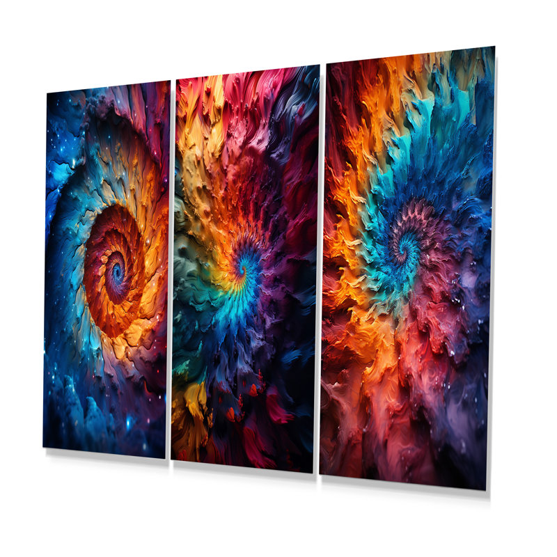 Colorful Space Fractal Vortex I - Abstract Spirals Metal Wall Art Set Of 3, 32" H x 48" W