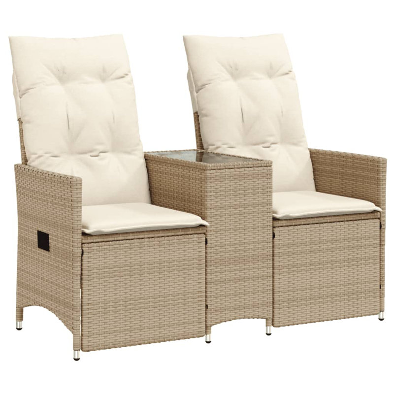 Vidaxl Reclining Garden Sofa Beige PE Rattan Two-Seater, Cream White, Beige