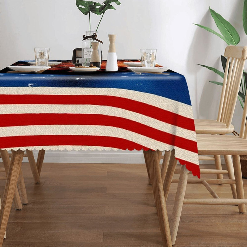 Firework Flag Print Independence Day 60" x 120" Scalloped Rectangular Tablecloth for Dining Patio