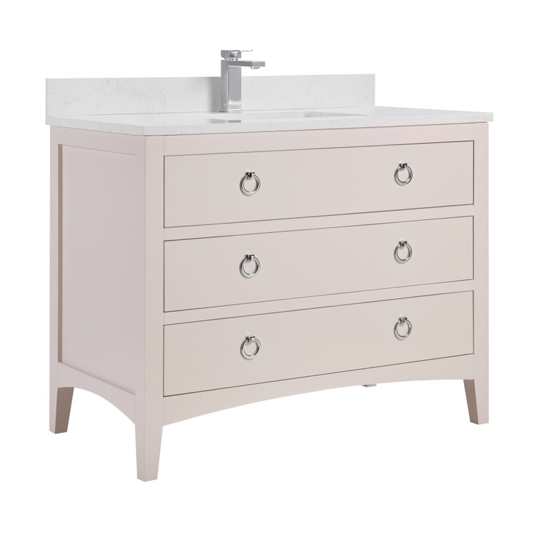 Meuble-lavabo 42 po en bois massif avec comptoir en marbre d'ingénierie 1 po, lavabo simple, Chrome poli, Blanc rêveur, 42"