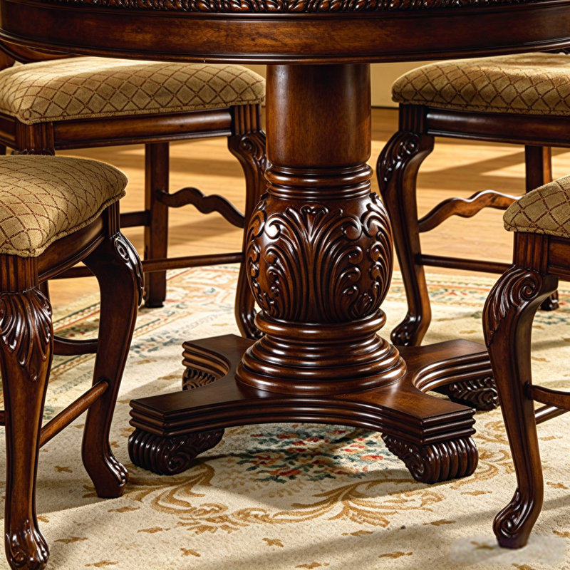 Table de salle à manger ronde traditionnelle Château de Ville de 122 cm (48 po) – Piètement sculpté à une seule colonne et quatre pieds, finition MDF brun foncé, style classique européen.