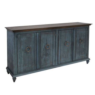 Cip 73 Inch Console Sideboard, Pine Wood, 4 Doors, Ring Handles, Deep Blue