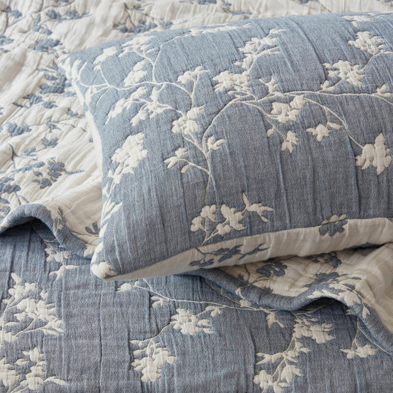 Ensemble de courtepointe 3 pièces en jacquard de coton et gaze, bleu, Ensemble de draps pour très grand lit + 2 pièces, Bleu